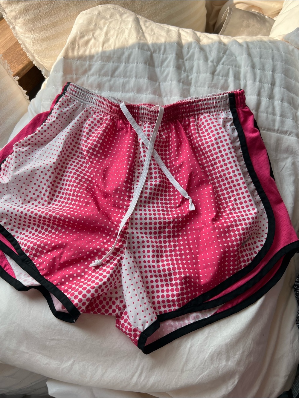 Nike Pink and White Dot Print Athletic Shorts with Black Trim